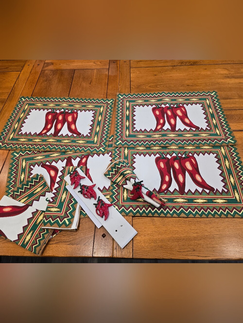 Red Chili Pepper Placemats and Napkin Rings Set Of 4- Festive Table Decor